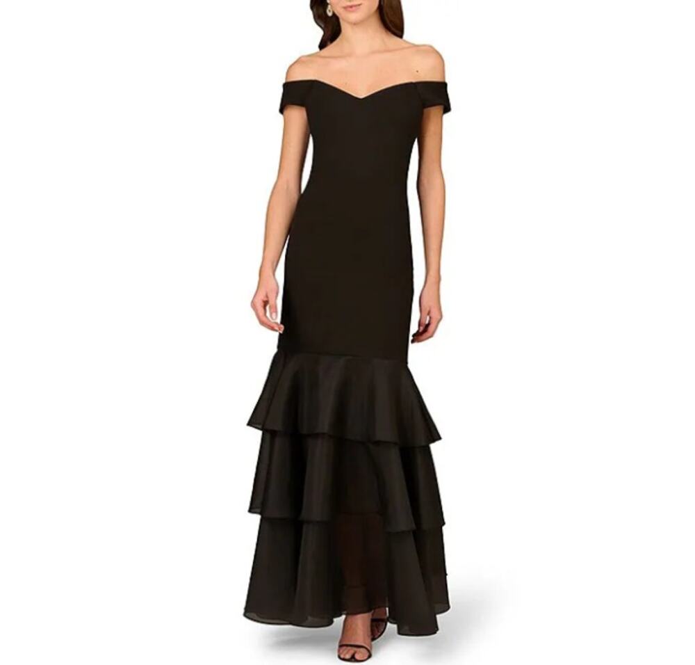 Aidan Mattox Women's Black Bonded Crepe Off The Shoulder Mermaid Gown Size 16
